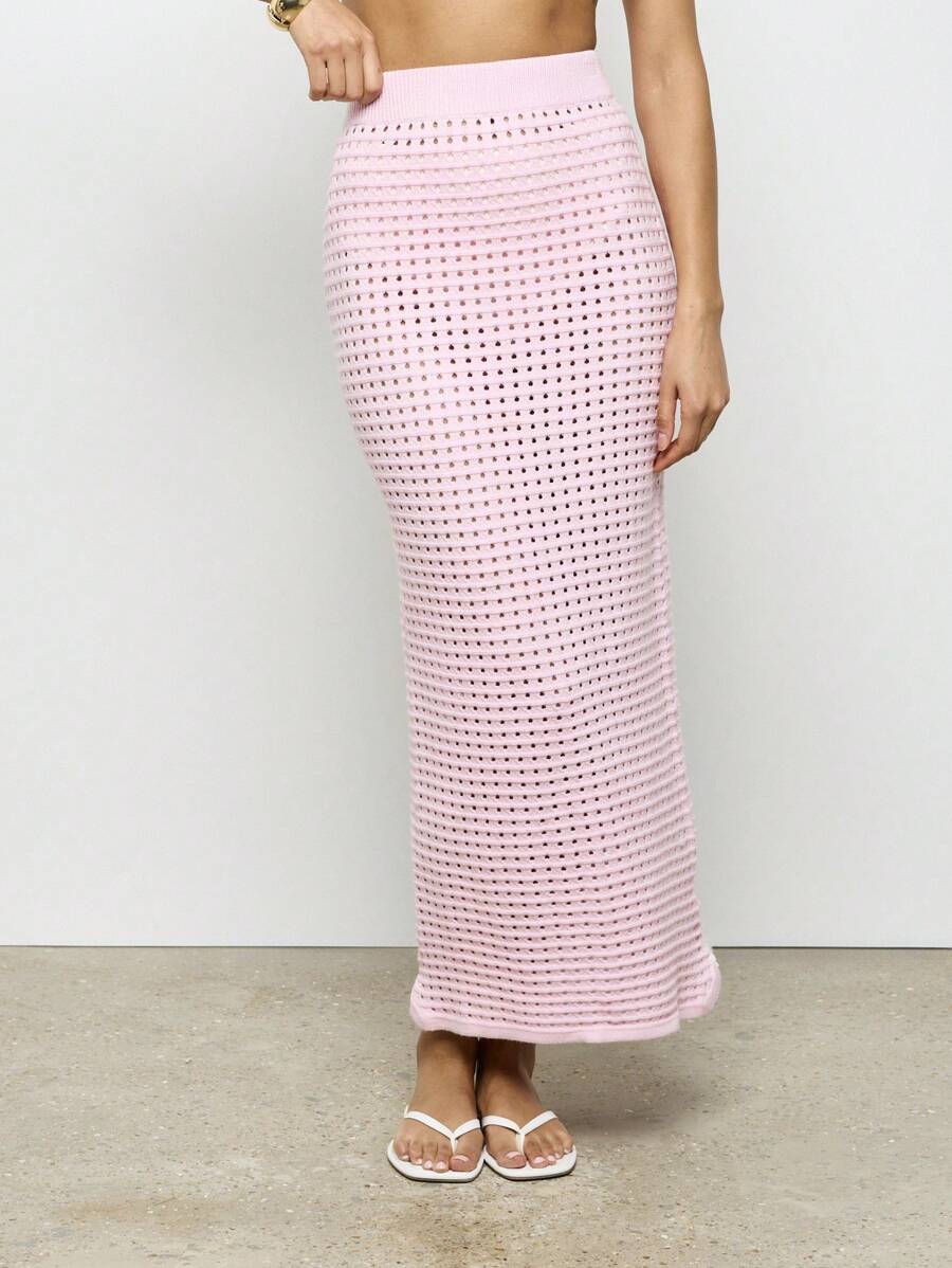 AiiRZ Knitted Maxi Skirt Open Weave Summer Beach Cover Up Long Length Vacation Resort Wear Breathable Light Weight Pool Side Fashion - Baby Pink - View 1