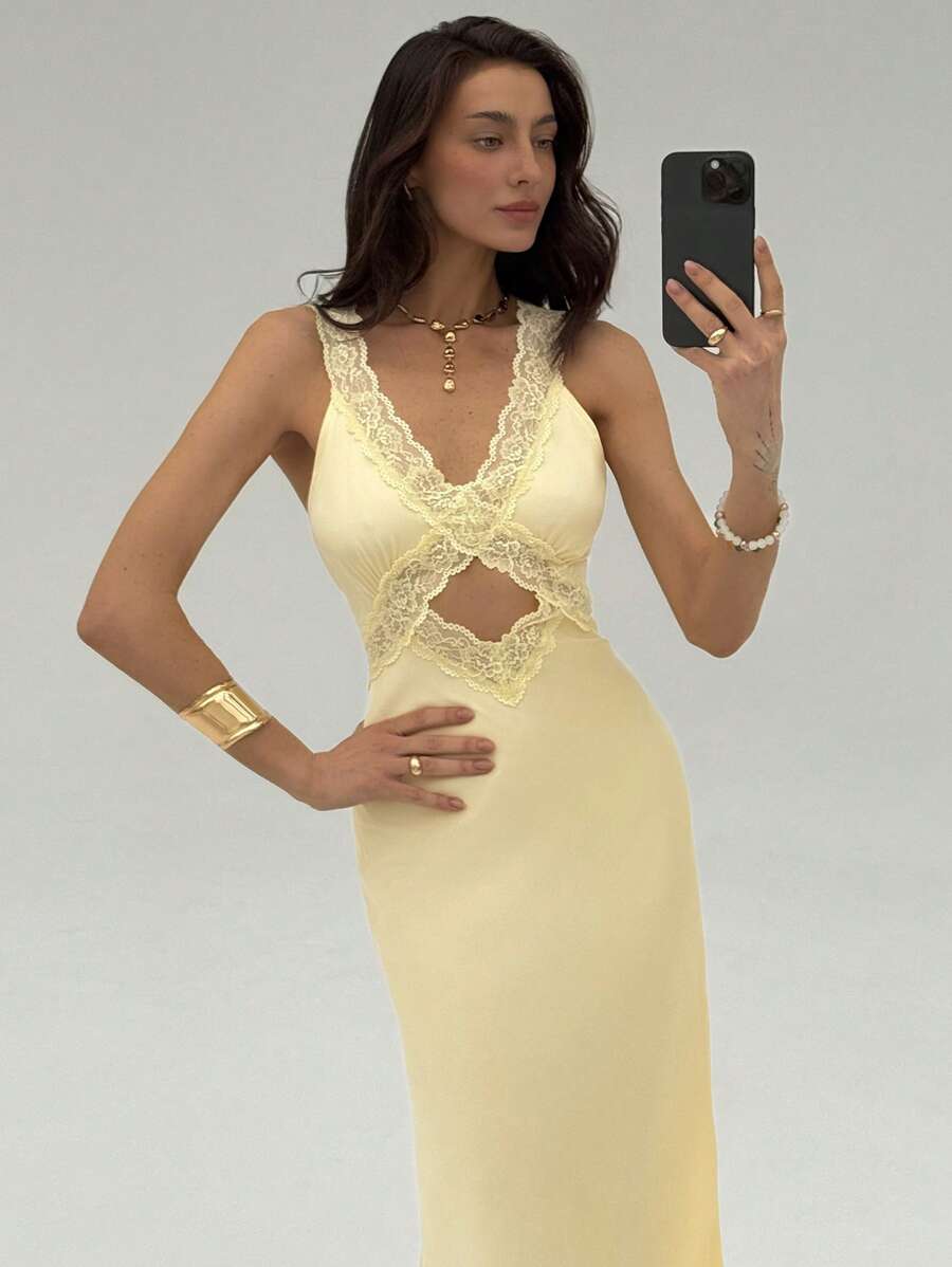 Aloruh Váy ren khoét sâu cho nữ, màu trơn, thời trang, phù hợp cho mùa hè - Màu vàng - Xem 1
