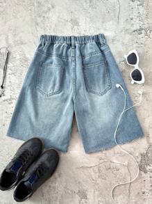SHEIN Teen Girl Y2K Retro Washed Low Rised Distressed Ripped Frayed Edge Denim Jeans Long Shorts, Spring Summer Vacation Beach Boho Fashion, Summer Rave Concert Festival - Light Wash - View 2