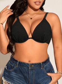 SHEIN Swim Curve Swim Basics Plus Size Women Beach Tankini Top - Solid Color, Open Back, Chest Pleat Design, Fashion Versatile, Suitable For Summer Vacation - Black - View 4