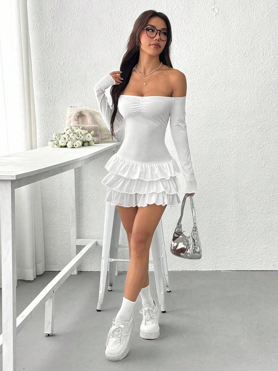 SHEIN EZwear Women's Solid Color Pleated Off Shoulder Long Sleeve Ruffle Hem Mini Dress - White - View 1