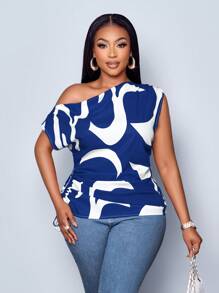 SOLERSUN Women's Plus Size Geometric Printed Asymmetrical Shoulder Drawstring Ruched Side Blouse, Random Print,One Shoulder Top - Navy Blue - View 5
