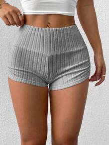 SHEIN EZwear 夏季弹性腰部休闲褶皱灰色针织短裤，百搭