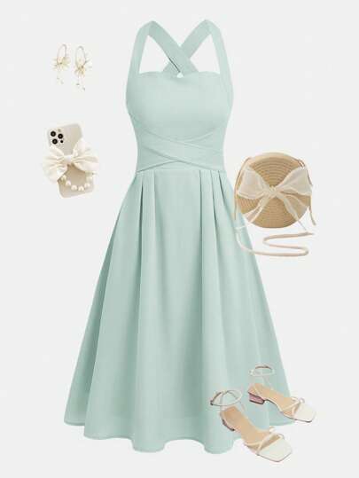 SHEIN Girlism Teen Girls Cross Strap Backless Tie Up Casual Woven Dress