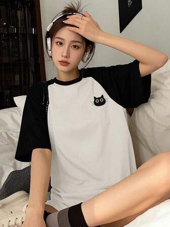 INAWLY 大码女式卡通猫咪印花撞色圆领插肩袖休闲 T 恤图案 T 恤女式上衣