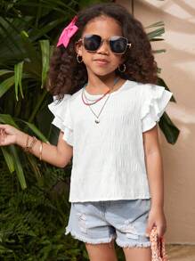 SHEIN LMoss Kids Young Girl Woven Solid Round Neck Ruffle Trim Fitted Casual Blouse