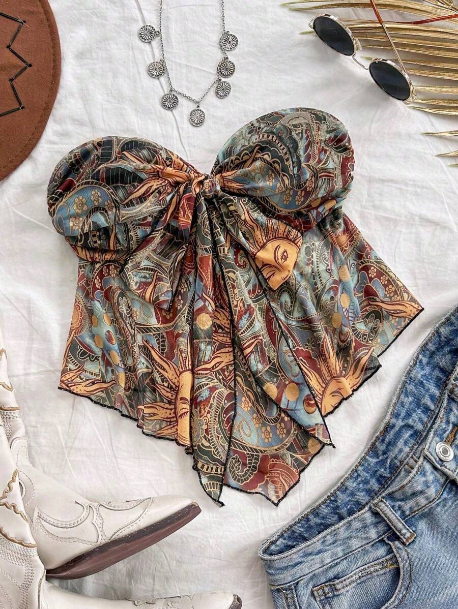 SHEIN PETITE Retro Print Cami Tank Top With Suspender Detail, Holiday Wear - Multicolor - View 1