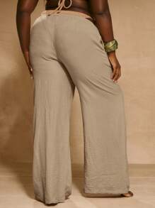 MUSERA Plus Mid Rise Wide Leg Drawstring Waist Trousers Vacation Beachwear Elegant Holiday Cute Summer Classy Casual Dailywear Everyday Wear Spring - Khaki - View 4