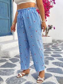 SHEIN VCAY Plus Size Holiday Casual Striped Heart Print Pants - Blue and White - View 3
