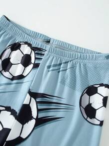 Boy Pajamas: 2pcs Snug Fit Activewear Short Sleeve T-Shirt And Shorts Set With Stylish Football Print For Tween Boys