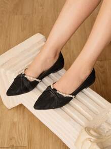 CUCCOO HITCHD 女式夏季新款珍珠链丝带扭纹镂空蕾丝设计尖头平底优雅舒适黑色蕾丝网眼芭蕾平底鞋，适合婚礼、伴娘、新娘、休闲下午茶、约会 - 黑色 - 查看 2