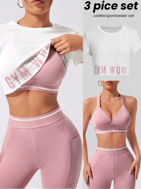 Easify SHEIN Sport Women's Round Neck Short Sleeve Letter Print Simple Top And Pants Casual Versatile Sports Suit Workout Women Setwomen Workout Set Women Leggings Set Gym Women Outfit