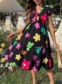 SHEIN Floral Print A-Line Waist Drawstring Casual Midi Maternity Dress - Multicolor - View 4