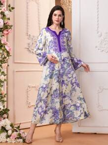 SHEIN 孕妇波西米亚花卉印花长袖优雅连衣裙 - 淡紫色 - 查看 1