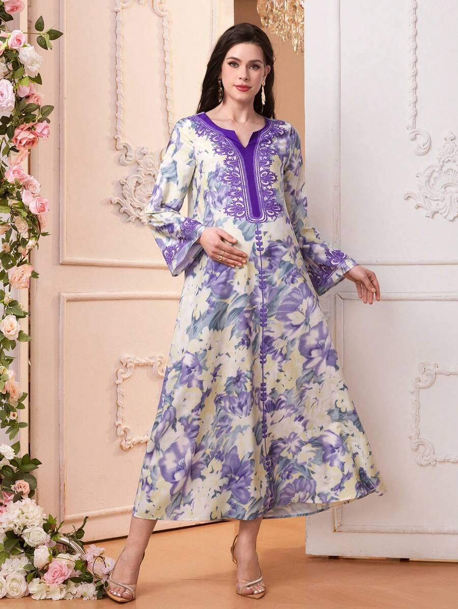 SHEIN 孕妇波西米亚花卉印花长袖优雅连衣裙 - 淡紫色 - 查看 1