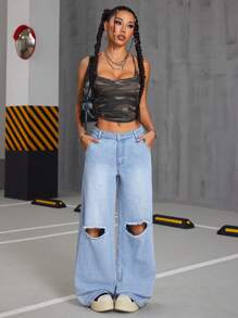 SHEIN ICON Jeans casual lavati a vita bassa strappati con gamba larga da donna