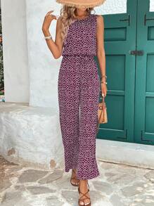 Breezaya Rund halsringning Ärmlös resår i midjan Småblommiga jumpsuits, vår/sommar - Bourgogne - Visa 3