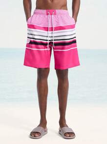 Surfspeed Men's Striped Drawstring Waist Loose Beach Shorts - Hot Pink - View 4