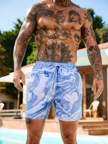 Surfspeed Plus Size Men's Marble Print Drawstring Waist Pockets Beach Shorts,Hawaiian - Multicolor - View 7