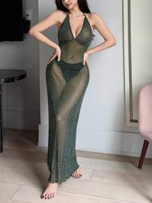 DAZY Váy ngủ hở lưng hở lưng hở sâu chữ V màu bạc ánh kim, gợi cảm - Màu xanh Ô liu - Xem 5