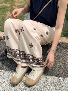 FRIFUL 女士夏季印花阔腿宽松裤，沙滩度假装 - 白色 - 查看 1