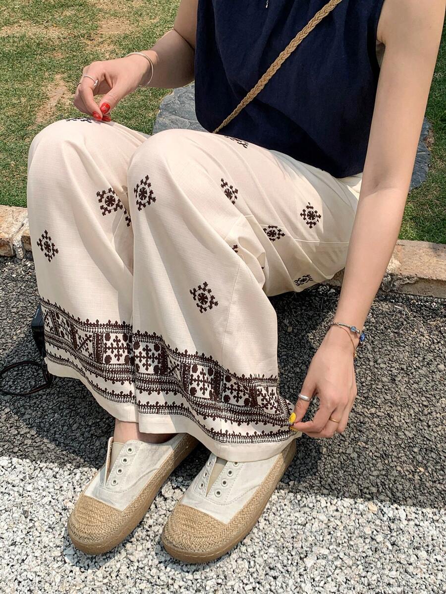 FRIFUL 女士夏季印花阔腿宽松裤，沙滩度假装 - 白色 - 查看 1