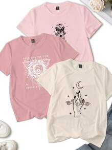 INAWLY 3 件套夏季信仰太阳与宇宙图案印花修身休闲圆领短袖女式 T 恤上衣 - 彩色 - 查看 3