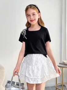 SHEIN Tween flicka enfärgade juveler utsmyckning crew Neck monterad kortärmad T-shirt - Svart - Visa 5