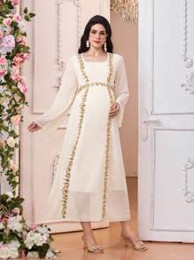SHEIN Women Solid Color Beaded Embroidery Square Neck Maternity Arabic Style Dress - White - View 6