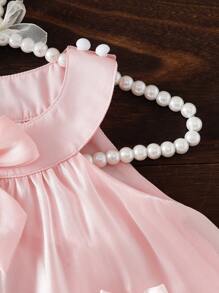 SHEIN Playful Pals Infant/Baby Girl Casual Cute Pink Organza Dress With Multiple Ribbon Bows