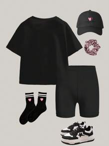 SHEIN Leap Crew 2pcs/Set Young Girls Ballet Style Mini Pink Bow Pattern Casual Loose Fit Short Sleeve T-Shirt And Shorts Set, For Summer - Black - View 2