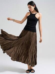 Ontre 2026春夏女士纯色半身裙，春夏时尚百搭，适合商务休闲、办公室穿着，低调复古风，都市通勤机场装扮，棕色半身裙，舒适百搭休闲时尚女裙