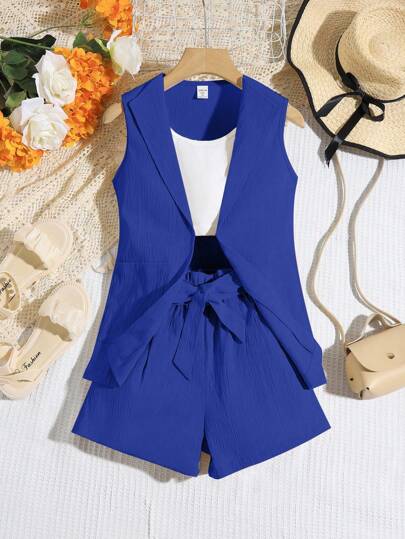 SHEIN Conjunto casual de chaleco sin mangas con cinturón de lazo y shorts para niñas, juego a juego de hermanos (se venden 2 conjuntos por separado)