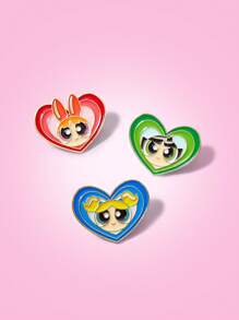 THE POWERPUFF GIRLS X SHEIN Broche en émail en forme de cœur avec les motifs Fleur, Bulle, Capucine, accessoire créatif et raffiné, insigne en alliage
