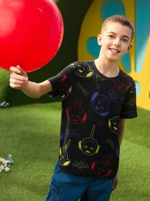 Teletubbies X SHEIN Tween Boy 霓虹卡通图案黑色休闲短袖 T 恤 - 黑色 - 查看 5