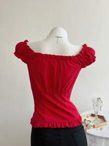 Elamini Blusa de mujer de manga corta con cuello en V, volantes y abotonadura sencilla para uso casual y de vacaciones, color rojo