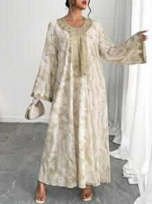 Al Najma Plus Size Women's Elegant Bell Sleeve Turkish & Arabian Traditional Maxi Dress, Modest Kaftan - Beige - View 3