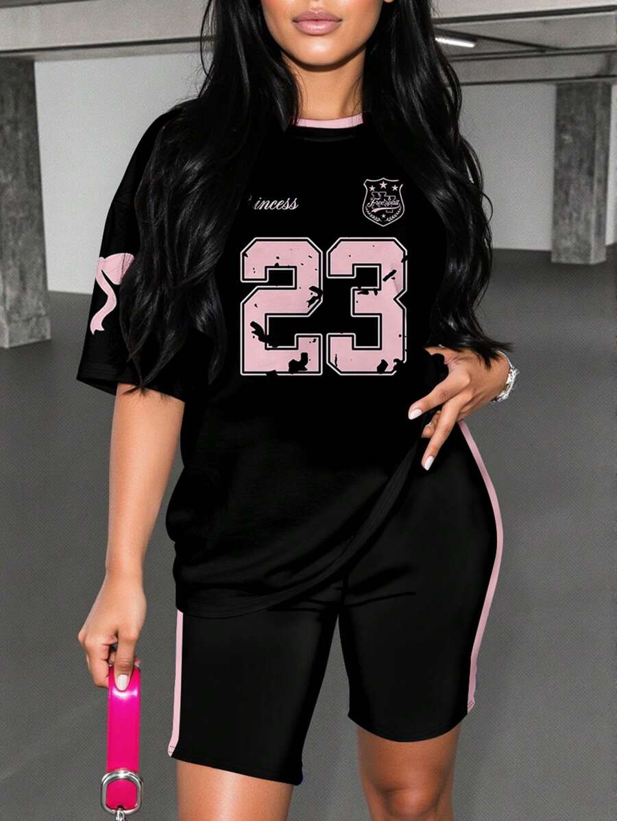 Slaydiva 2pcs Plus Size Sport Pink Bowknot Print No.23 Short Sleeve Top & Shorts Set, Casual & Minimalist