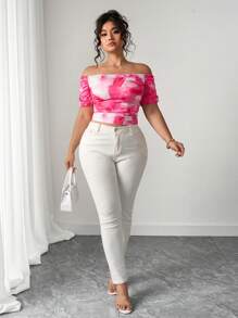 Elenzga Plus Size Off Shoulder Ruched Tie-Dye Short Sleeve T-Shirt - Pink - View 3