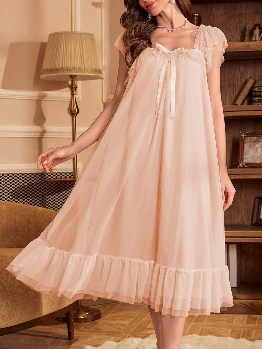 浪漫荷叶边蝴蝶结方领透明睡袍娃娃装奢华家居服，Moo Moo