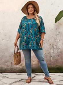 SHEIN CURVE+ Camicia larga con scollo rotondo e maniche a raglan con stampa floreale ditsy, adatta per vacanze estive, curvy, stile boho per vacanze al mare, outfit per spiaggia, vacanze al mare, essenziali da spiaggia, laurea, tea festa