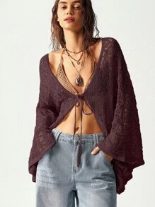 Plus Size Women Solid Color Long Sleeve Front Tie Hollow Out Loose Cardigan - Burgundy - View 1