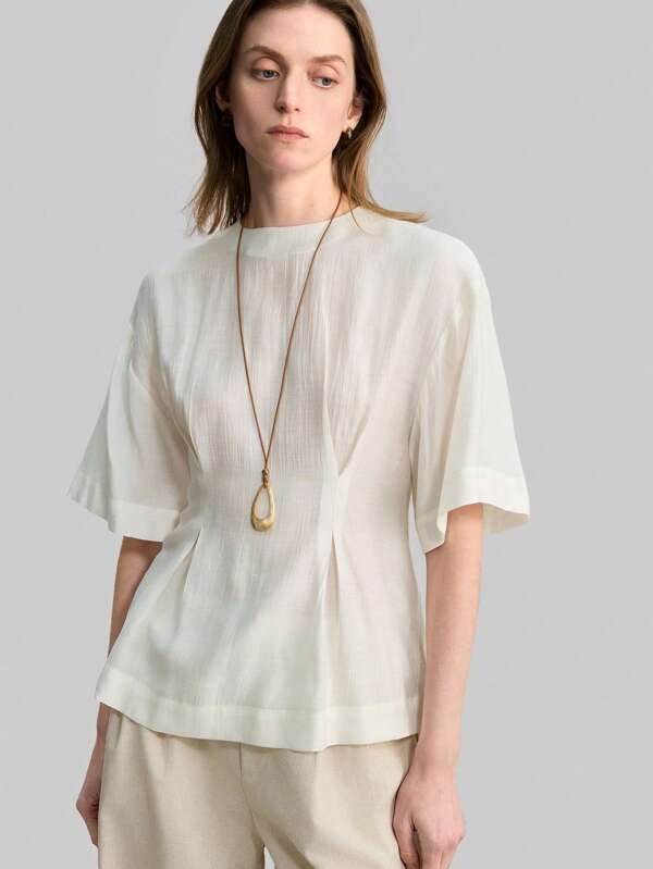 Ontre White Boho Vacation Style 3/4 Sleeve Elastic Waist Casual Simple Fashionable Daily Shirt
