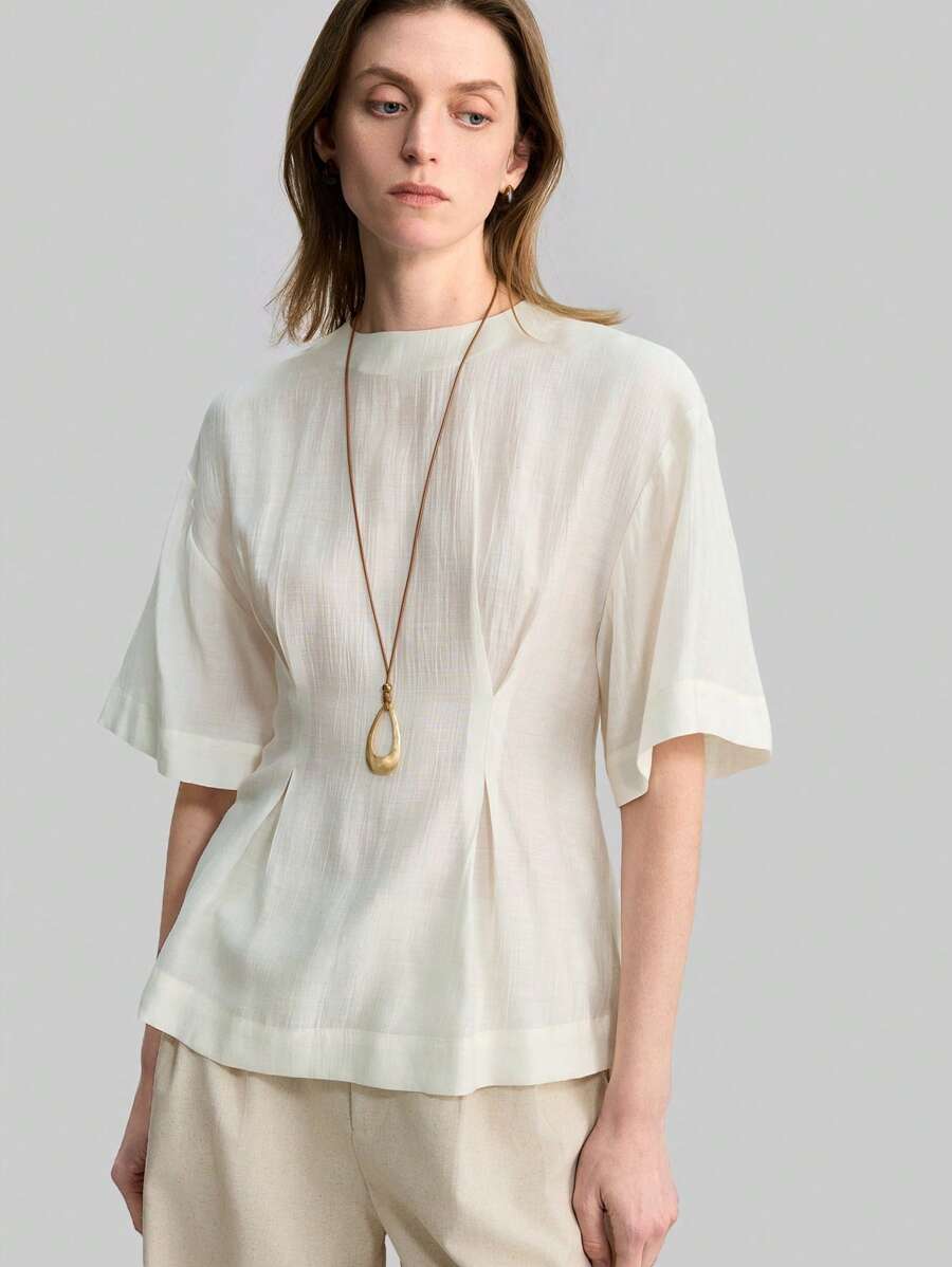 Ontre White Bohemian Style 3/4 Sleeve Cinched Waist Casual Everyday Shirt