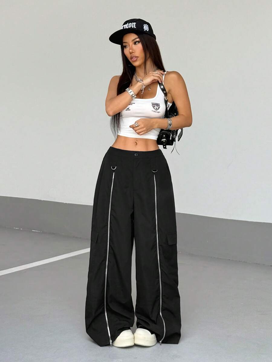 StreetHx 女士街头宽松休闲拉链工装阔腿裤