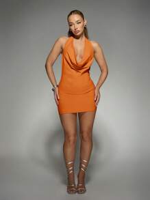 MISSGUIDED Vestido de fiesta mini con cuello halter, detalle fruncido en el costado, para noche de club, de verano y primavera, ajustado al Body, sin mangas - Naranja Quemada - Ver 3