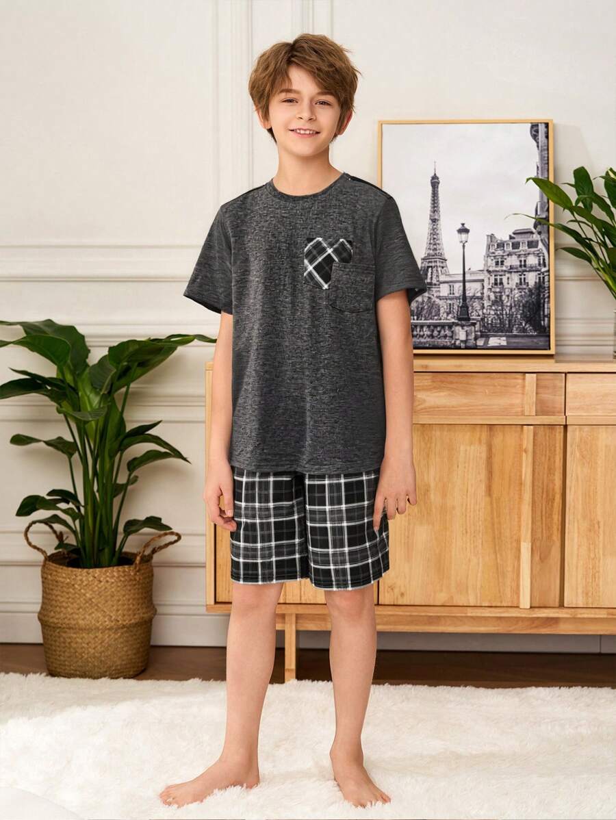 2pcs/Set Dozemod Kids Tween Boys Summer Casual Plaid Shorts & Loose Fit Round Neck Short Sleeve Tee Pajama Set - Dark Grey - View 1