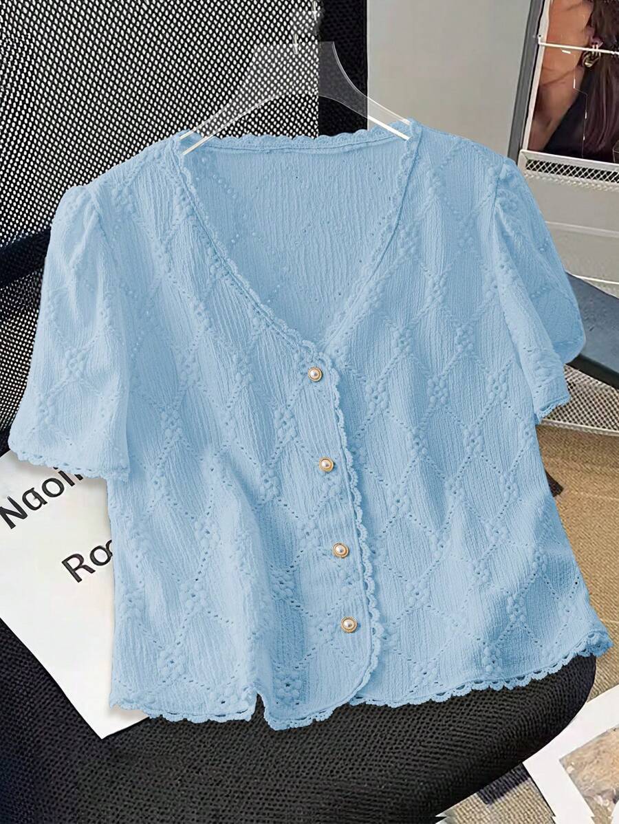 Chiquease Women's Simple Solid Color Textured Puff Sleeve Blouse For Commute - Blue - View 1