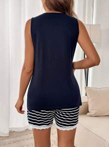 SHEIN Maternity Heart & Butterfly Print Tank Top And Striped Shorts Set,Sleepwear,Pajama Dress,Loungewear,Sleepwear Set - Navy Blue - View 2