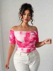 Elenzga Plus Size Off Shoulder Ruched Tie-Dye Short Sleeve T-Shirt - Pink - View 1